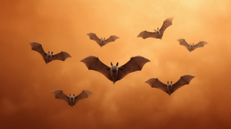 A captivating scene of bats flying against an orange-hued sky at dusk, creating an eerie yet beautiful atmosphere in a natural setting.の素材