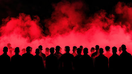 Football fans standing shoulder to shoulder, their dark silhouettes blending into the vibrant atmosphere of a live rugby game.の素材