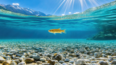 A fish swimming freely through a rocky and gravely aquatic environment, capturing the natural texture and clarity of water with a focus on underwater life.の素材