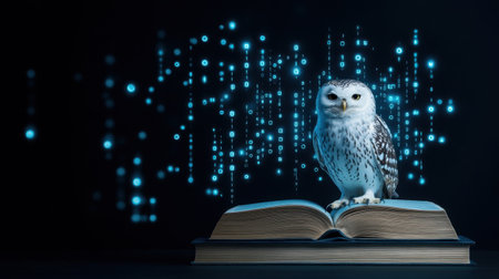 An owl perched on a book with binary code streams flowing around, illustrating the blend of wisdom and technological innovation in modern education.の素材