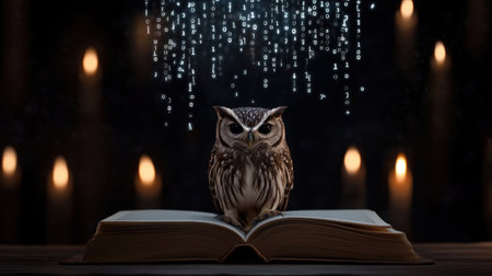 A wise owl perched on an open book with streams of binary code floating above, symbolizing the intersection of wisdom, education, and technology.の素材
