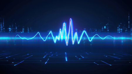 Audio waveform effect with sleek blue neon lines, symbolizing music production, sound technology, or podcasting.の素材