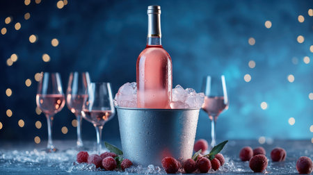 A beautifully chilled rose wine bottle in a silver ice bucket surrounded by raspberries and elegant glasses, perfect for summer gatherings and celebrations.の素材