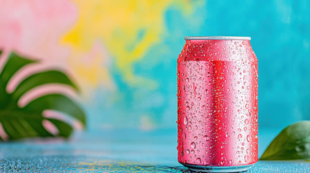 A striking pink soda can with vibrant condensation sits against a colorful backdrop, perfect for showcasing refreshing beverages in a lively setting.の素材