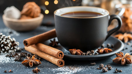 A close-up scene featuring a warm cup of coffee with cinnamon sticks and star anise on a dark plate. Surrounded by seasonal decorations, perfect for cozy moments.の素材