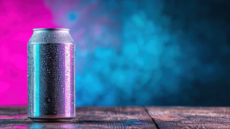 A close-up image featuring a cold metal can resting on a wooden table, surrounded by a stunning bokeh background of pink and blue light, ideal for beverage themes.の素材