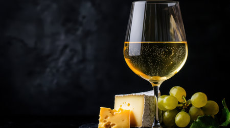 A pristine glass of white wine accompanied by slices of gourmet cheese and fresh grapes, set against a dark backdrop perfect for dining and tasting moments.の素材