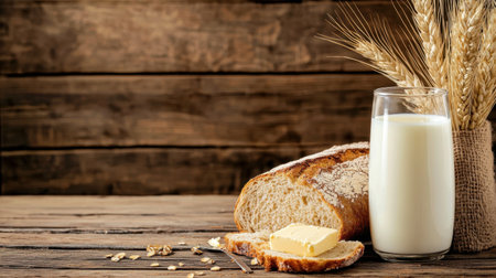 A beautiful composition featuring freshly baked bread with a pat of butter, a glass of milk, and wheat ears, all set on a rustic wooden table, perfect for cozy breakfast scenes.の素材