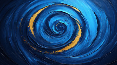 This captivating abstract artwork features swirling blue tones accentuated by shimmering gold, creating a vibrant visual that captures energy and movement.の素材