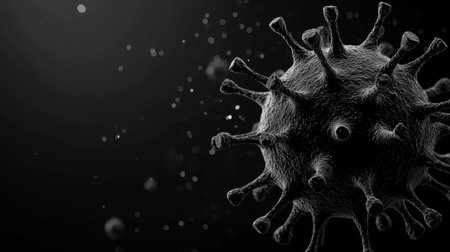 High-resolution close-up of a virus structure showcasing intricate details and a dark background, perfect for medical and scientific themes in various applications.の素材
