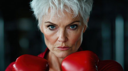 A powerful senior female boxer with short grey hair stands focused in a gym, wearing striking red boxing gloves. This image captures strength, determination, and the essence of empowerment in athletics.の素材