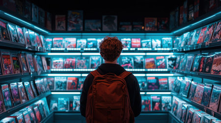 A young individual stands in a retro video rental store, captivated by the vibrant DVD collection illuminated by neon lights, evoking nostalgia and excitement.の素材