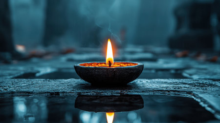 A beautifully lit candle casts a warm glow in a tranquil environment, creating a perfect atmosphere for meditation, relaxation, and reflective moments in nature.の素材