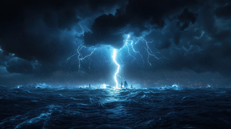 Experience the awe-inspiring view of a stormy sea at night, where dramatic lightning illuminates dark clouds, showcasing nature's raw power and beauty amidst chaos.の素材