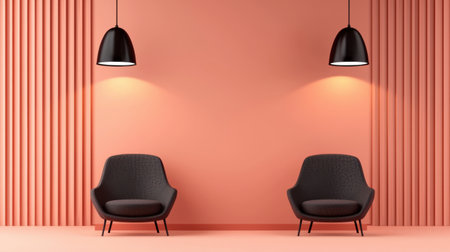 Discover a chic interior showcasing modern black chairs paired with elegant pendant lights against a soft coral wall, perfect for stylish living spaces and inspiration.の素材