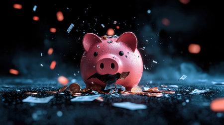 A dramatic depiction of a broken pink piggy bank surrounded by scattered coins and debris, symbolizing financial loss and mismanagement in a bold, visually striking manner.の素材