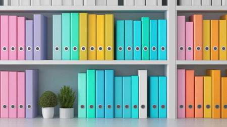 A visually appealing arrangement of colorful folders on a sleek white shelf, complemented by small greenery accents, showcasing an organized and vibrant workspace.の素材