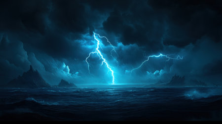 A captivating scene showcasing powerful lightning striking over a dark ocean, framed by turbulent storm clouds, creating a mesmerizing display of nature's fury and beauty.の素材