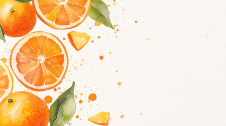 A stunning watercolor depiction of fresh oranges, slices, and green leaves, creating a cheerful and vibrant atmosphere suitable for health and summer themes.の素材