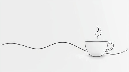 This minimalist illustration features a steaming coffee cup outlined with a flowing line against a light background, ideal for conveying warmth and relaxation in designs.の素材