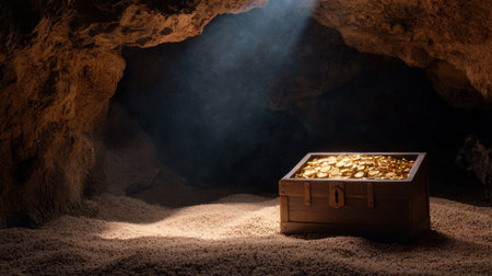 A captivating image of a treasure chest brimming with shiny gold coins, illuminated by a beam of sunlight in a dark, atmospheric cave, evoking feelings of adventure and mystery.の素材