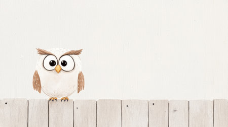 This adorable cartoon owl illustration features a cute character perched on a white wooden fence, set against a light background. Ideal for children's art and educational materials.の素材