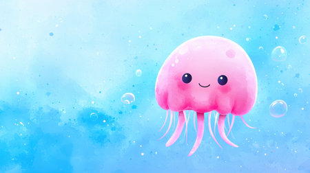 Adorable cartoon jellyfish character with a cheerful smile swims through a serene underwater environment filled with soft blue hues and playful bubbles.の素材