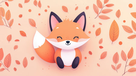 Adorable cartoon fox with a wide smile sitting among colorful autumn leaves. Perfect for children's content, playful designs, or warm seasonal themes.の素材