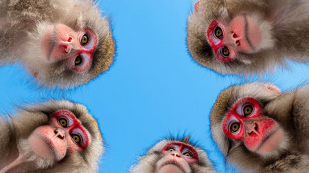 A captivating view of five monkeys with striking red faces looking curiously upward against a bright blue sky, showcasing their playful nature and vivid expressions.の素材