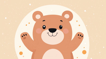 This delightful cartoon bear features a cheerful expression and raised paws, perfect for children's illustrations or playful designs, encapsulating joy and warmth.の素材