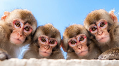 This captivating image features four monkeys with expressive faces, showcasing their playful curiosity against a vibrant blue sky, embodying the beauty of wildlife.の素材