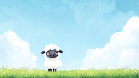 This charming illustration features a cute cartoon sheep in a vibrant field under a bright blue sky, surrounded by fluffy white clouds, perfect for children's themes.の素材