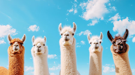 A joyful group of llamas and alpacas stands together against a stunning blue sky with fluffy clouds, capturing the essence of happiness in a pastoral setting.の素材