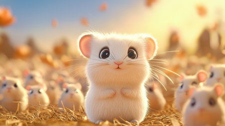 A delightful fluffy hamster with sparkling eyes stands proudly in a joyful scene filled with fellow hamsters and a warm golden glow, radiating cuteness and happiness.の素材
