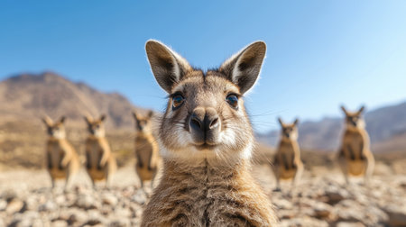 A charming close-up capture of a kangaroo showcasing its expressive face, surrounded by other kangaroos in their natural rocky habitat under clear skies.の素材