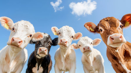 A charming display of five playful calves posing under a clear blue sky with fluffy clouds, symbolizing the beauty of farm life and showcasing the innocence of young animals.の素材