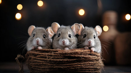 Three adorable little mice snuggle closely in a cozy nest, surrounded by soft bokeh lights, creating a charming and heartwarming atmosphere suitable for various projects.の素材
