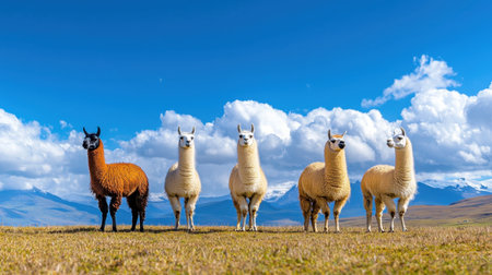A captivating scene featuring a group of llamas standing proudly in a sunny pasture, surrounded by breathtaking landscapes of mountains and a vibrant blue sky.の素材