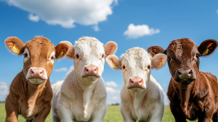 Four young cows with ear tags look curiously toward the camera, standing in a lush green pasture under a vibrant blue sky filled with fluffy white clouds.の素材