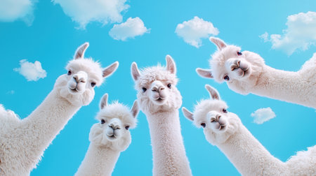 A delightful group of smiling alpacas pose against a vibrant blue sky filled with soft fluffy clouds, radiating joy and playfulness in a serene outdoor setting.の素材