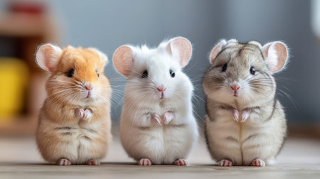 This delightful image features three charming hamsters standing in a cozy indoor space, showcasing their fluffy fur and sweet expressions, perfect for pet lovers and animal enthusiasts.の素材