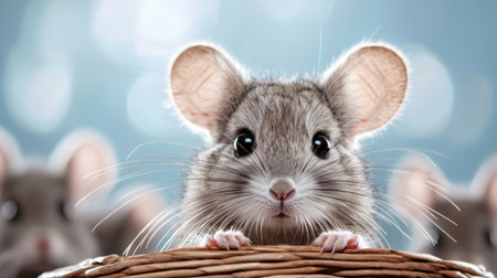 A close-up image capturing the delightful expression of a curious mouse peeking from a woven basket with a soft blue background and sparkling highlights.の素材