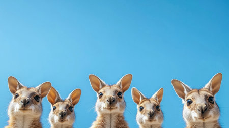 A captivating image featuring five adorable rabbits showcasing their playful expressions against a bright blue sky background, highlighting their charming fur and ears.の素材
