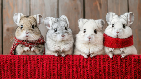 Four adorable chinchillas dressed in colorful sweaters sit closely together on a red blanket, exuding charm and warmth against a rustic wooden backdrop.の素材