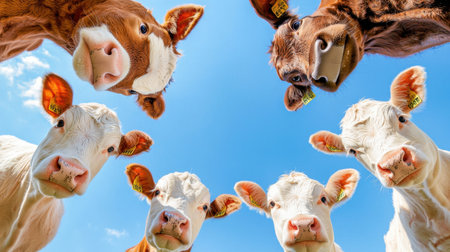 A group of adorable cows and calves gazing curiously upward against a vibrant blue sky. This lively scene captures the essence of rural life and animal charm.の素材