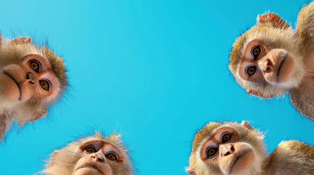 A group of adorable monkeys appears to observe from above, showcasing playful expressions against a vibrant blue sky. This captivating perspective highlights their curious nature.の素材