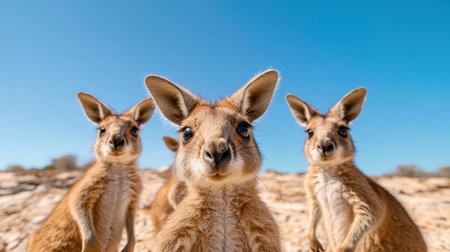 A captivating scene of a group of kangaroos in the Australian outback, with bright blue skies overhead. Their curious expressions and soft fur create a delightful moment in nature.の素材