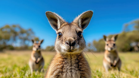 A charming young kangaroo gazes curiously at the camera in a bright field, with two others in the background, capturing the essence of wildlife in a sunny atmosphere.の素材