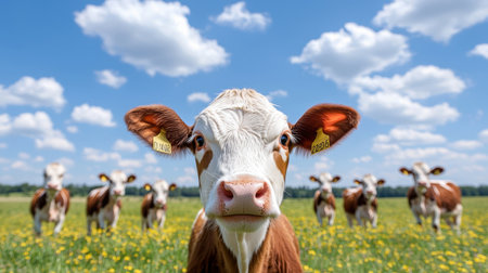 A young cow stands confidently in a sunny field filled with flowers, embodying the charm of rural life and the beauty of nature in a picturesque setting.の素材