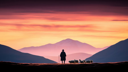 A captivating silhouette of a sheepherder guiding his sheep against a stunning backdrop of mountains and a vibrant dusk sky, evoking tranquility and rural charm.の素材
